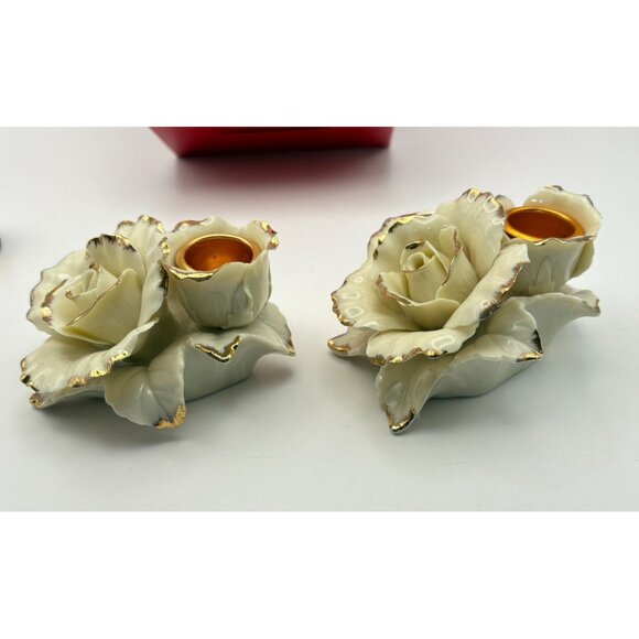 Avon Winter Rose Porcelain Candle Holders Vintage Christmas Rose Pair Gold Trim - Picture 5 of 12